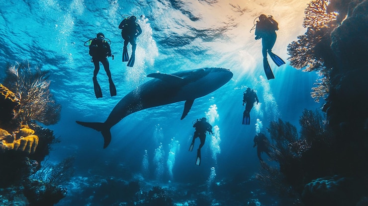 PSD los buzos se encuentran con una ballena en un vibrante arrecife de coral bajo el agua