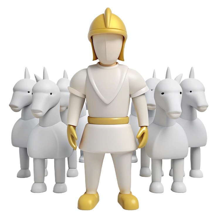 PSD un caballero con un casco de oro y un caballero blanco con un casko de oro y un caballo blanco delante de él