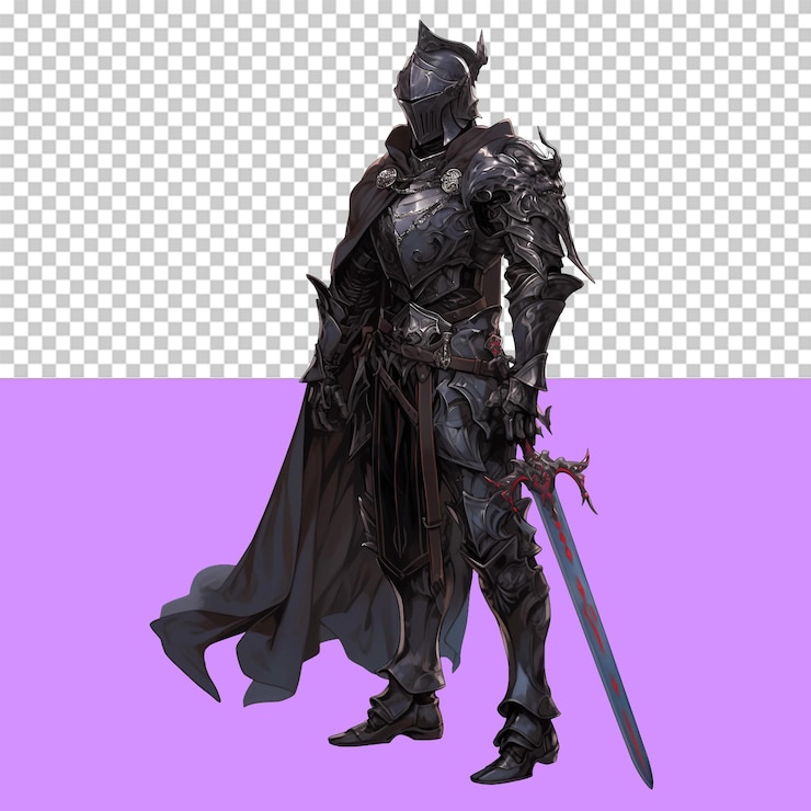 PSD caballero enmascarado con armadura completa con una espada objeto aislado fondo transparente