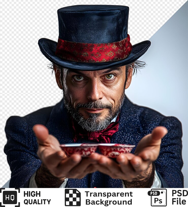 PSD un caballero con un sombrero de copa con una banda roja sostiene dos pequeños cuencos rojos y blancos con diseños intrincados en sus manos abiertas aislados sobre un fondo transparente