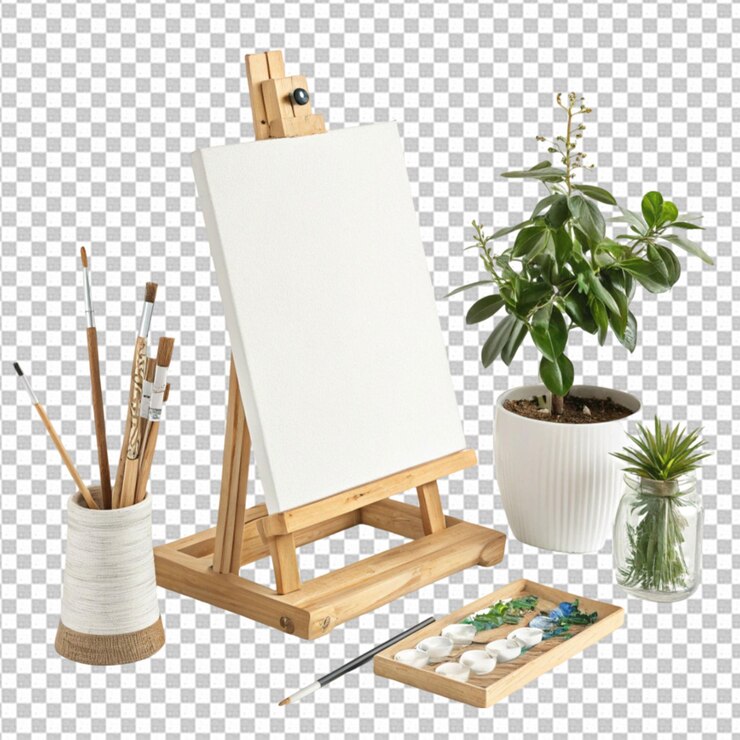 PSD caballetes de madera o tablas de pintura con lienzo blanco