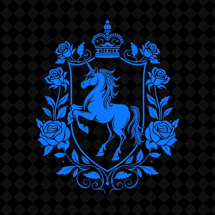 PSD un caballo azul con una corona en la cabeza se muestra en un fondo negro