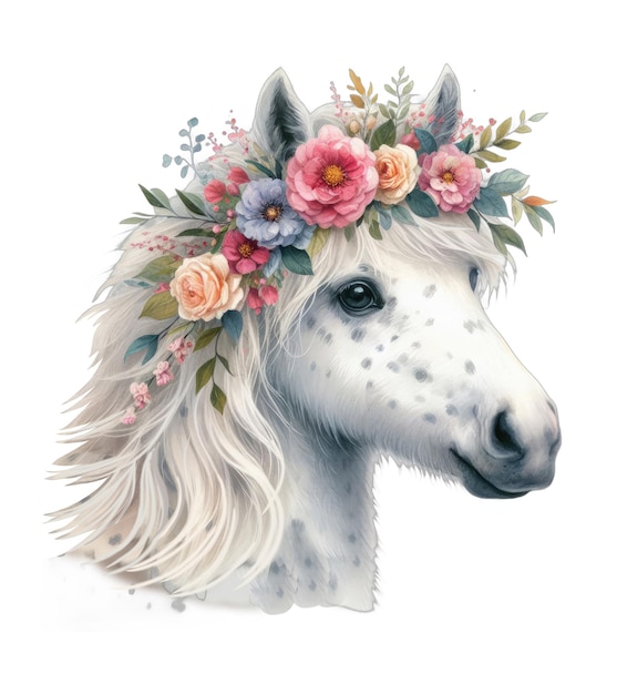 PSD caballo blanco en una corona de flores acuarela animal realista aislado en fondo blanco clip de primer plano