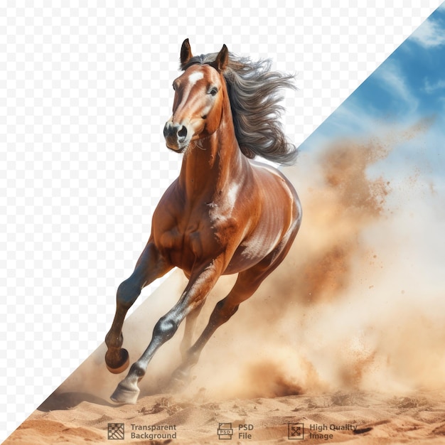 PSD el caballo corre rápidamente a través de un terreno polvoriento bajo el cielo azul claro