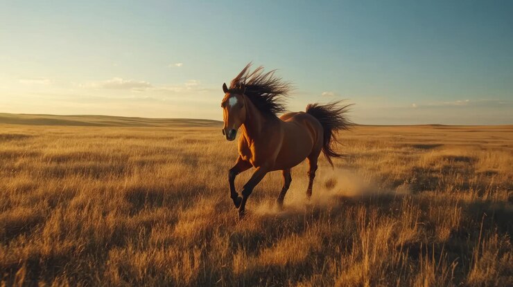 PSD un caballo galopando a través de un campo dorado al atardecer
