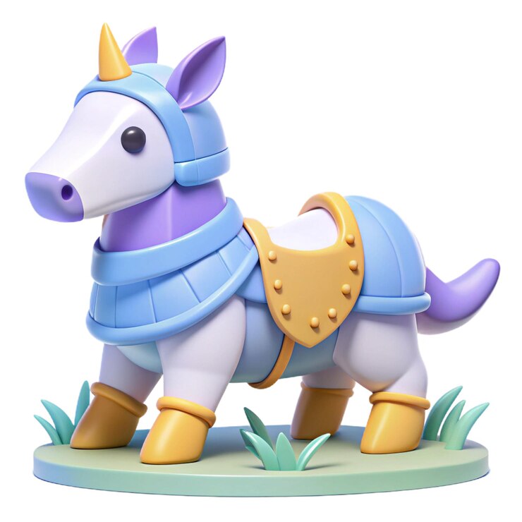 PSD un caballo de juguete con una capa azul y un escudo dorado