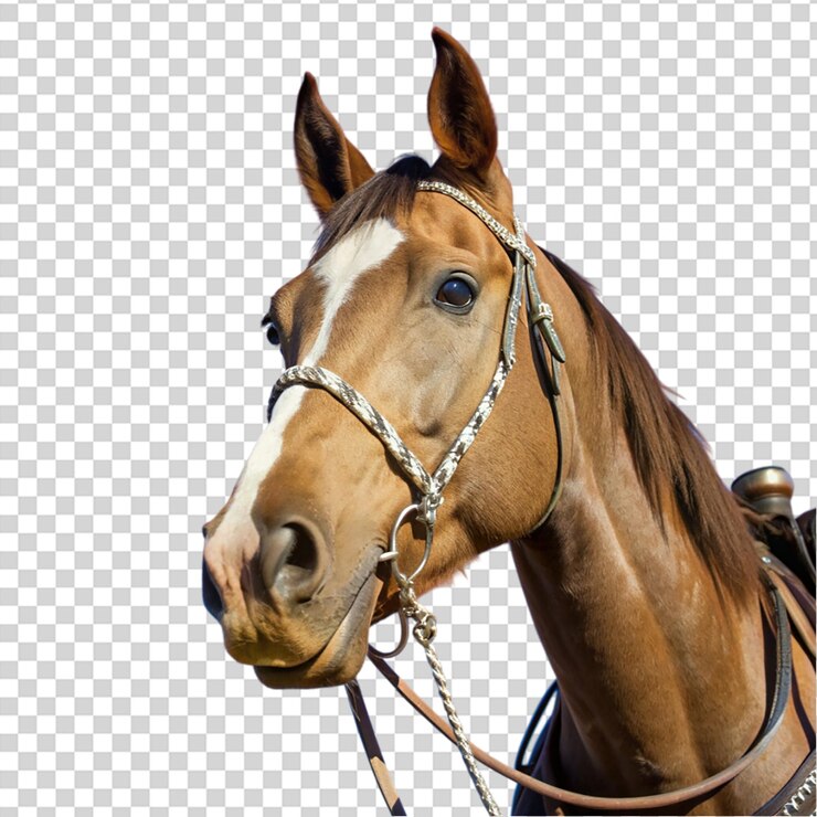 PSD un caballo marrón con una nariz blanca y una raya blanca en su cara sobre un fondo transparente