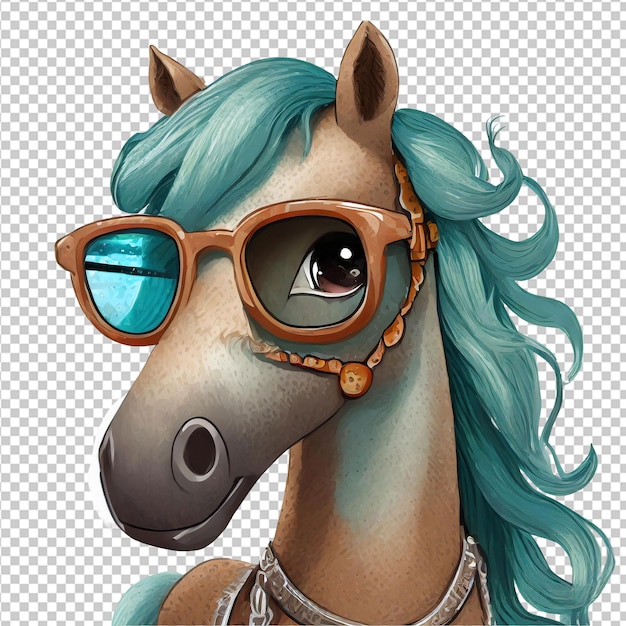 PSD caballo con melena azul y gafas aisladas en un fondo transparente