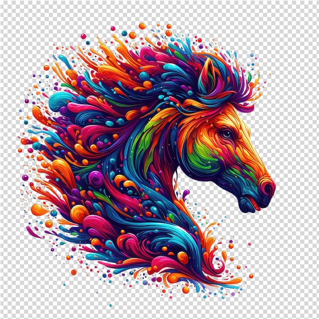 Un caballo con una melena colorida está cubierto de acuarelas coloridas