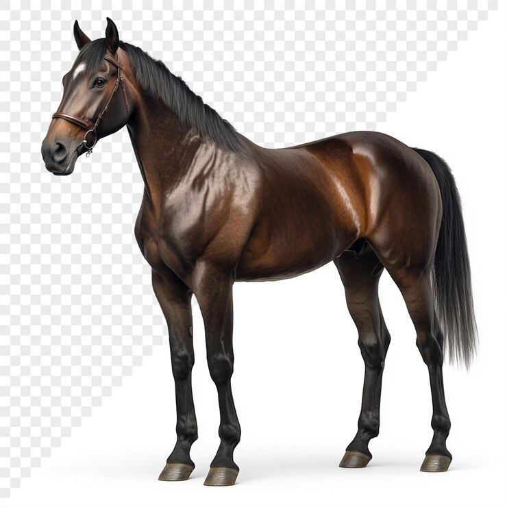 PSD un caballo con una melena negra de pie frente a un fondo blanco