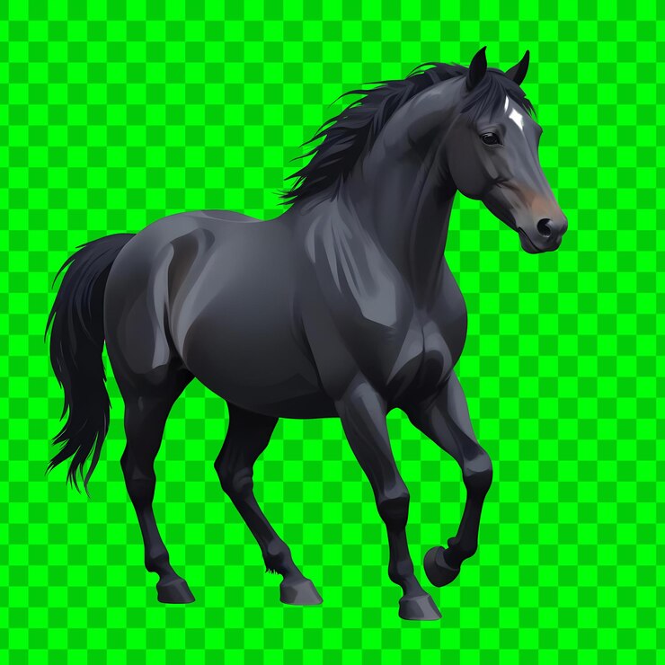 PSD caballo negro corriendo aislado en un fondo transparente a escala completa