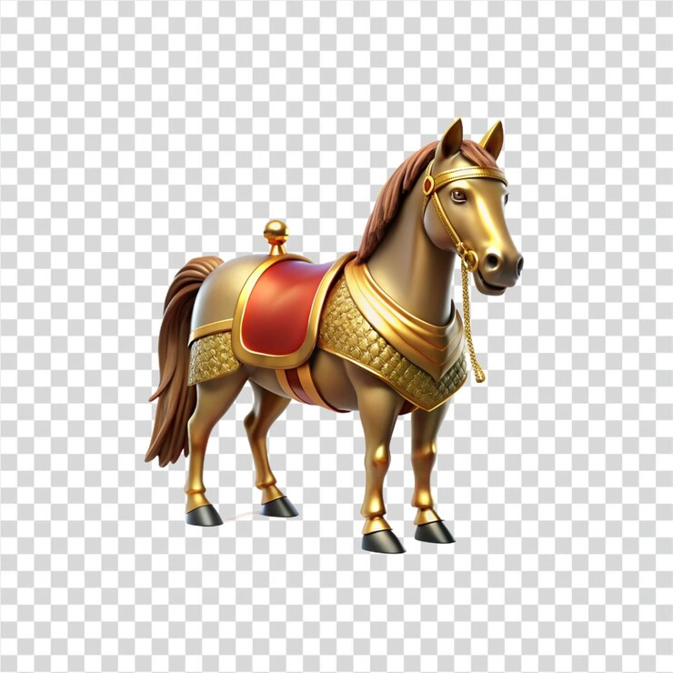 PSD caballo de oro con silla y armadura reales