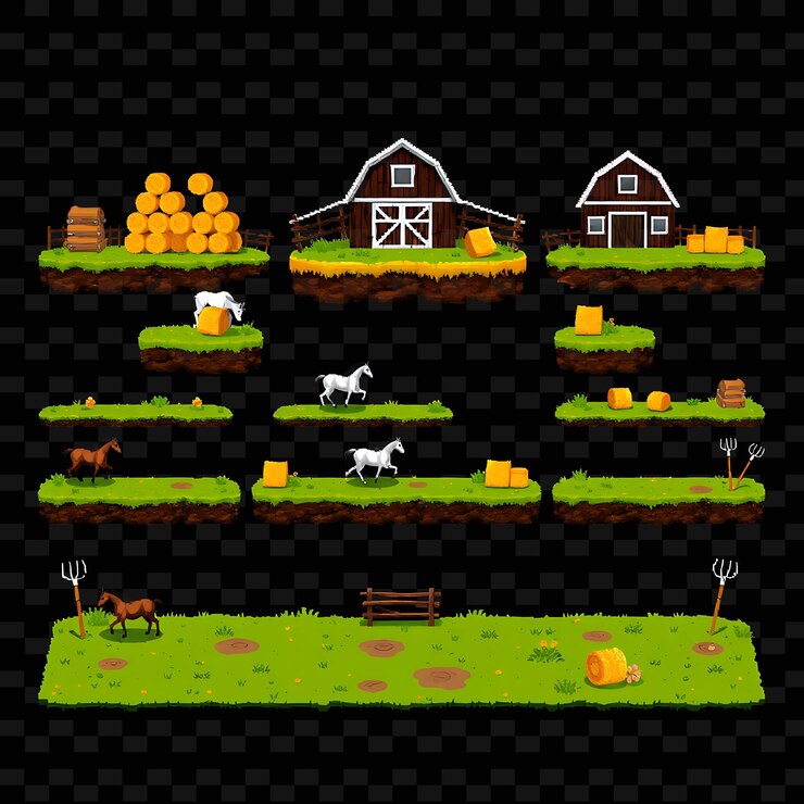 PSD los caballos de píxeles, las balas de heno, las horcas, los graneros, los caballos, el trote a través del suelo, las balas de heno son un activo del juego.