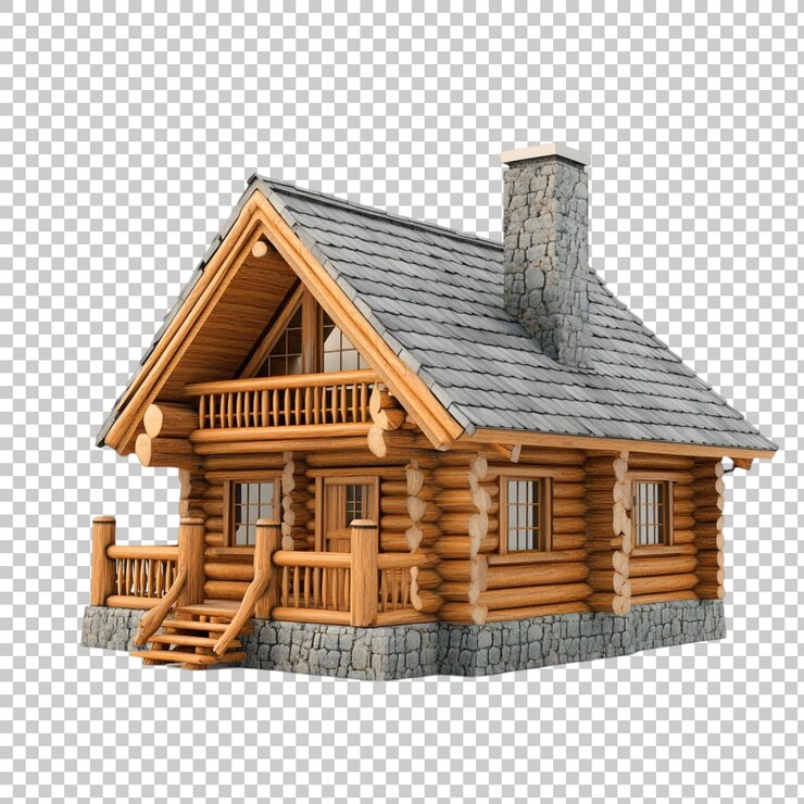PSD cabaña de madera con chimenea de piedra y valla