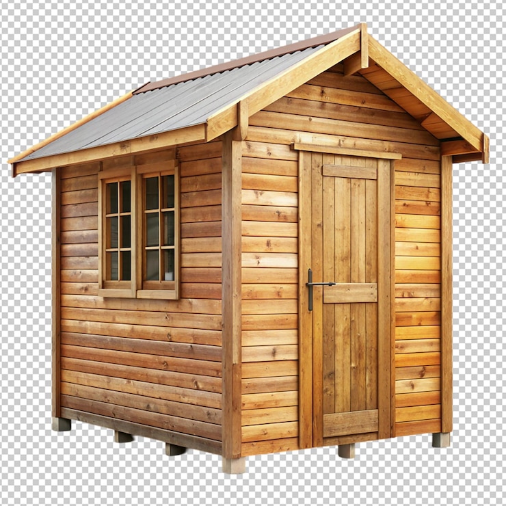 PSD una cabaña de madera con una puerta y una ventana en un fondo transparente