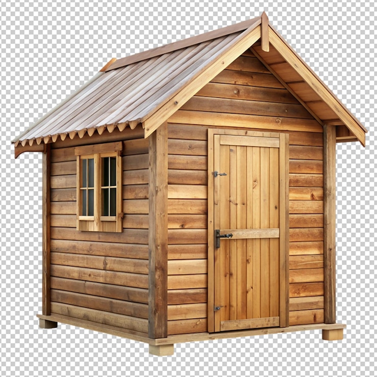PSD una cabaña de madera con una puerta y una ventana en un fondo transparente