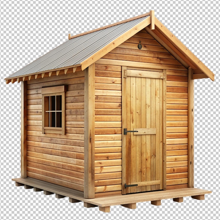 PSD una cabaña de madera con una puerta y una ventana en un fondo transparente
