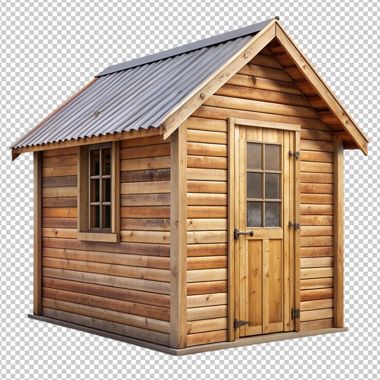 PSD una cabaña de madera con una puerta y una ventana en un fondo transparente