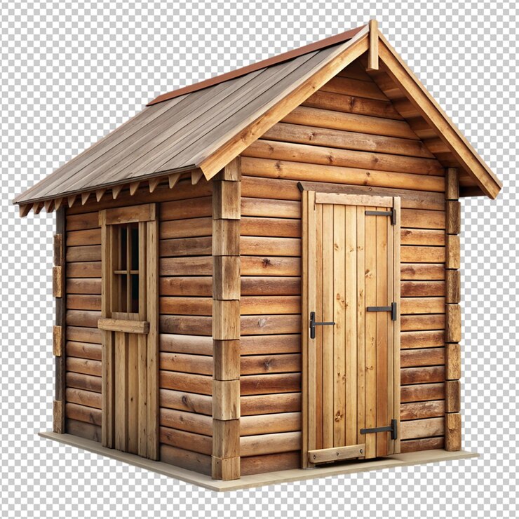 PSD una cabaña de madera con una puerta y una ventana en un fondo transparente