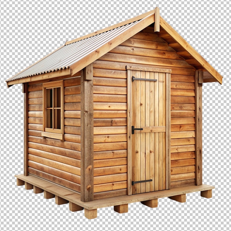 PSD una cabaña de madera con una puerta y una ventana en un fondo transparente