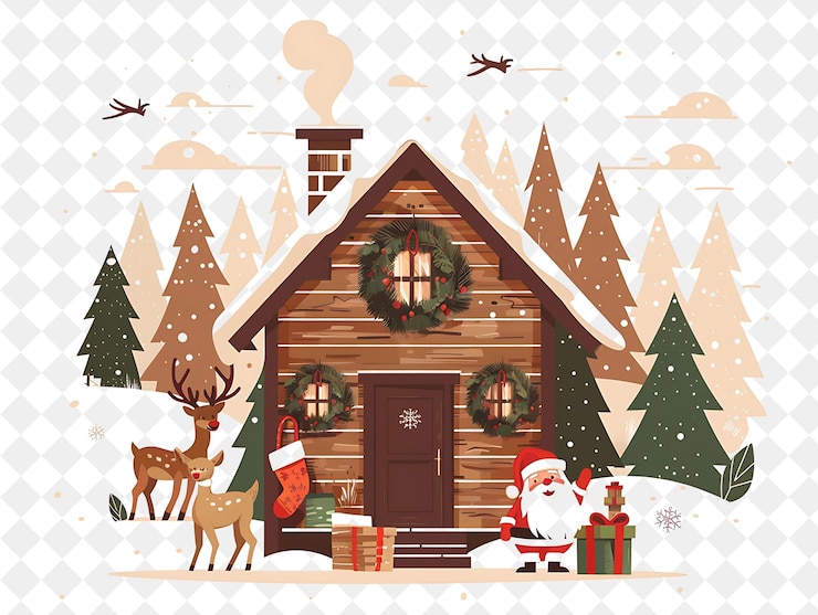 PSD cabaña de navidad rústica con papá noel y renos prepari ilustración diseño artístico de navidad