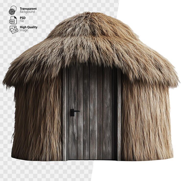 PSD cabaña redonda tradicional con techo de paja y puerta de madera con fondo transparente