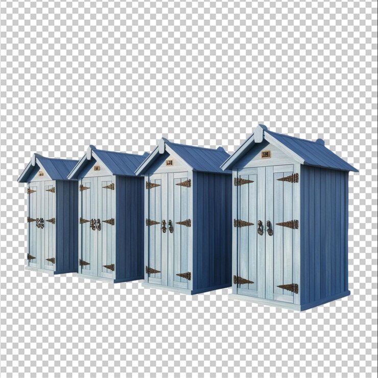 PSD cabañas de armarios secos en el parque contra árboles verdes 3d render