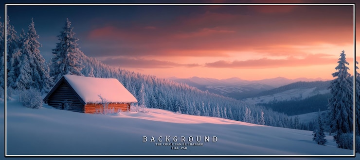 PSD une cabane en bois est nichée dans un paysage montagneux enneigé pendant un coucher de soleil vibrant