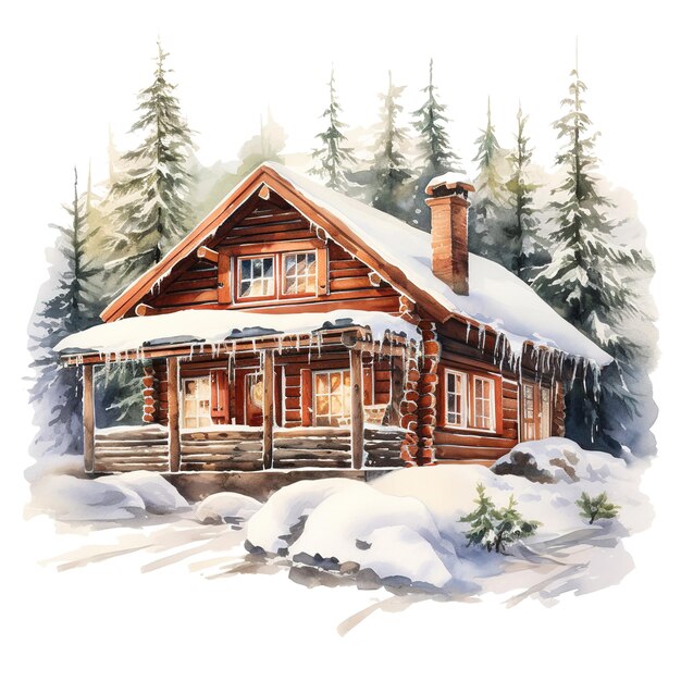 PSD cabane de la forêt d'hiver pour l'événement de noël aquarelle style ai généré