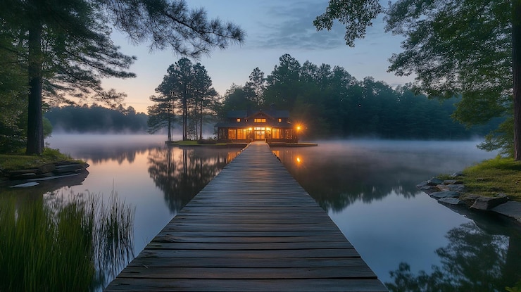 PSD une cabane sereine au bord du lac à l'aube, une brume s'élevant de l'eau tranquille, un quai en bois menant à une maison éclairée.