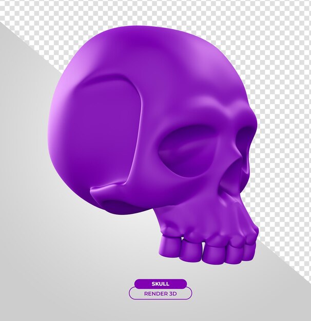 Cabeça de caveira roxa para halloween 3d render ilustração de desenho animado com fundo transparente