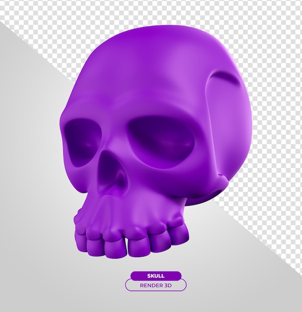 Cabeça de caveira roxa para halloween 3d render ilustração de desenho animado com fundo transparente