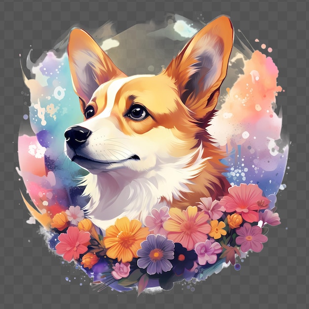 PSD cabeça de corgi com flores na cabeça no estilo aquarelado estilo isolado psd design transparente