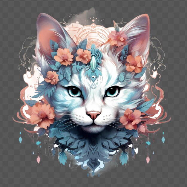 PSD cabeça de gatinho com flores na cabeça no estilo waterclor estilo isolado psd design transparente