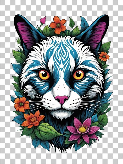 PSD cabeça de gato com flores e folhas em fundo transparente