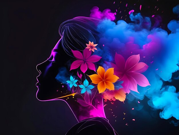 PSD cabeça de mulher com flores coloridas.