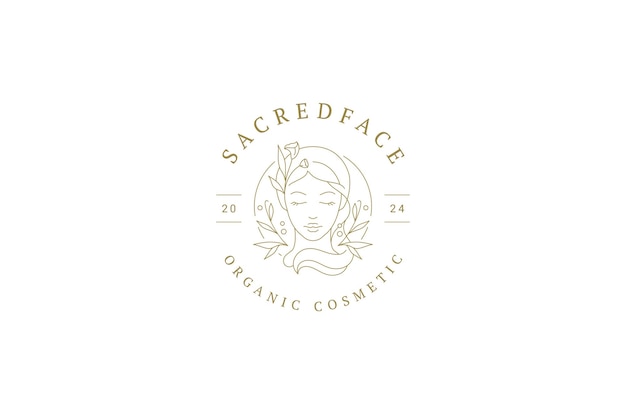 Cabeça de mulher elegante com contorno de círculo de flores silvestres modelo de design de logotipo