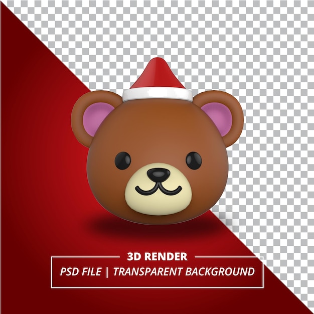 PSD cabeça de urso 3d com chapéu de natal em fundo transparente