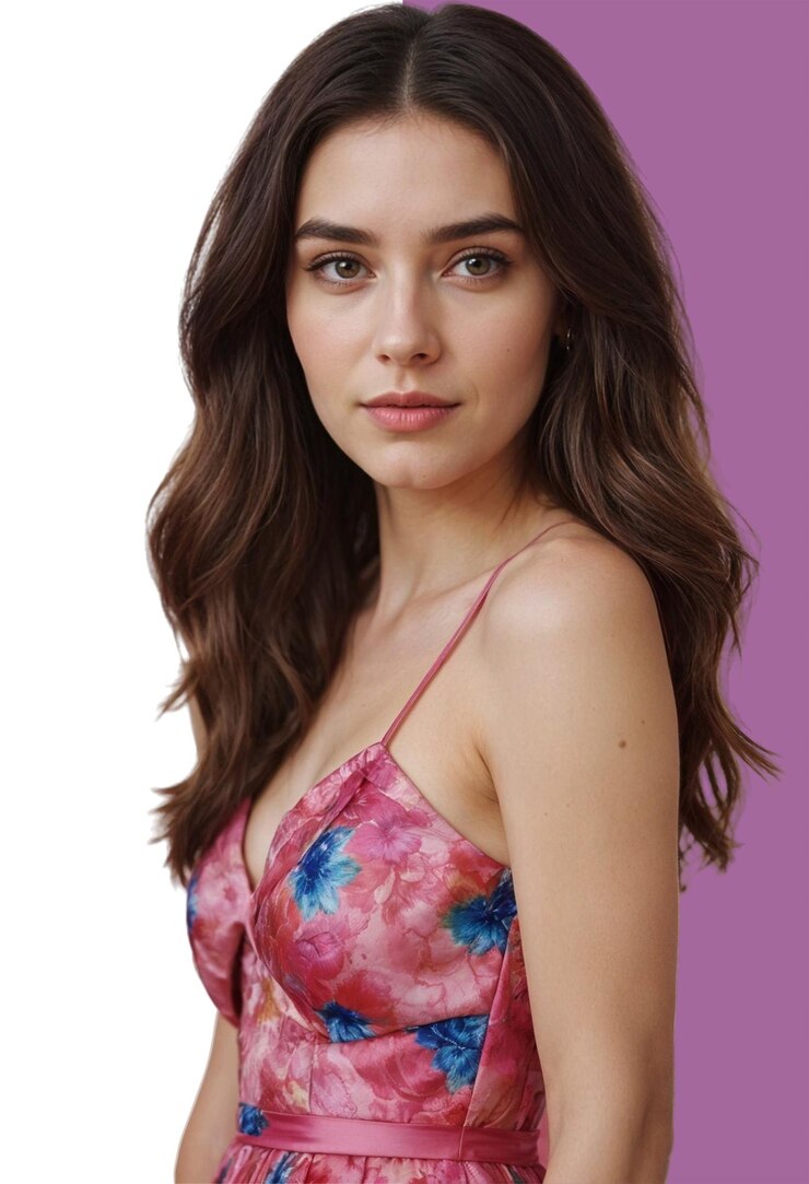El cabello flotante moderna chica de piel clara en traje rosado impresionante modelo hermoso