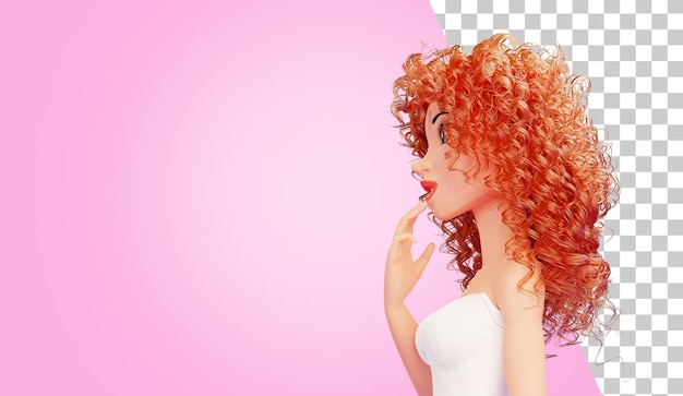 PSD cabelo ruivo encaracolado de uma jovem vista lateral personagem de desenho animado de uma mulher com cabelo encaracolado mulher atraente com cabelo ruivo renderização em 3d