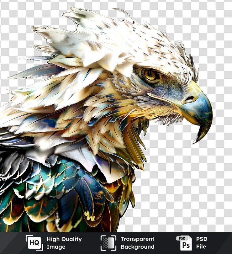 PSD cabeza de águila colorida con diseño de plumas en un fondo transparente de primera calidad