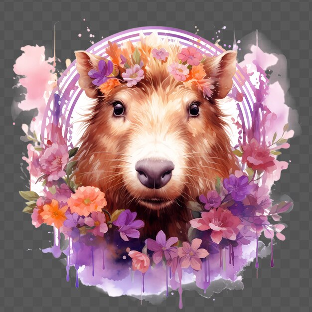 Cabeza de capibara con flores en la cabeza en el estilo de clorhidrato aislado diseño transparente psd