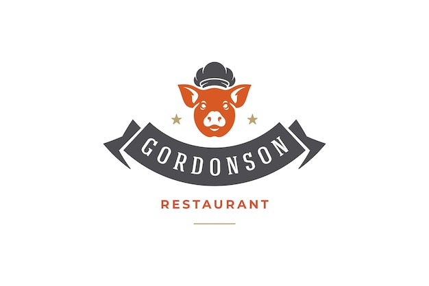 Cabeza de cerdo en sombrero de chef restaurante de carne a la parrilla de primera calidad plantilla de diseño de logotipo vintage