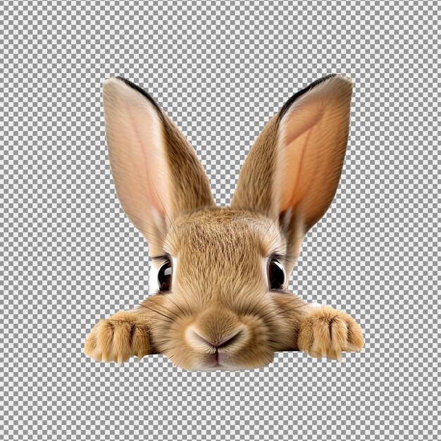 PSD cabeza de conejo con las patas hacia arriba mirando por encima de un letrero blanco en blanco de tamaño para banner web o social