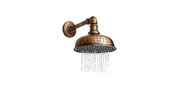 PSD cabeza de ducha de bronce vintage con flujo de agua aislado en un fondo transparente
