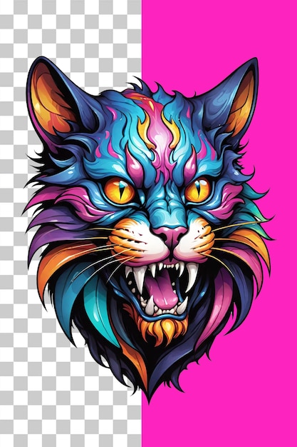 PSD cabeza de gato colorida con grandes ojos en un fondo transparente