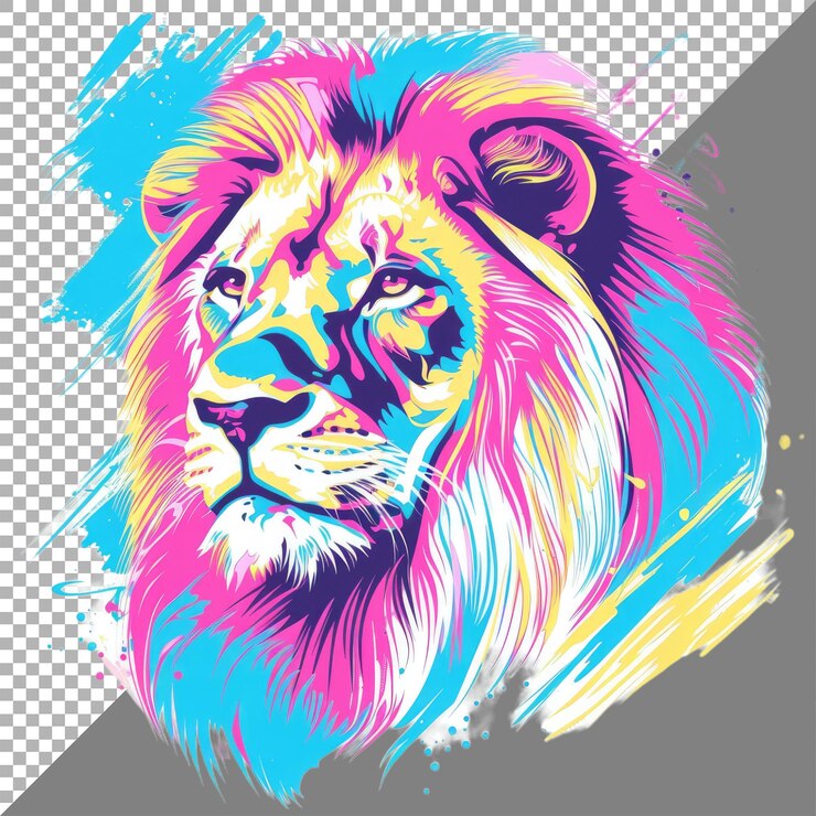 PSD cabeza de león de color neón para el diseño vectorial de impresión de camisas