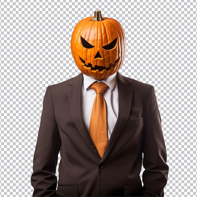 Cabeza de linterna de calabaza hombre vestido con traje para la celebración de Halloween aislado sobre fondo blanco.