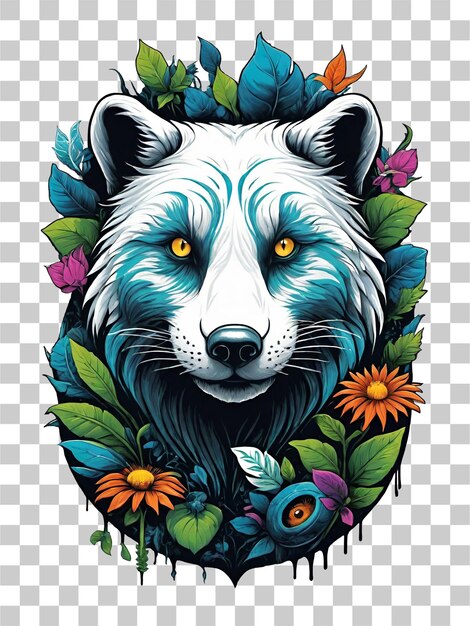 PSD cabeza de lobo con flores y hojas en un fondo transparente