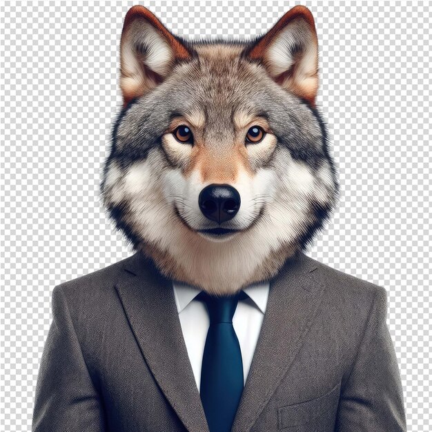 Una cabeza de lobo con un traje y corbata en ella